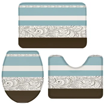 

3 Pieces Bathroom Set Vintage Flower Pattern Blue Bath Set Toilet Cover Mat Pedestal Rug Non-Slip Bathroom Rug Set