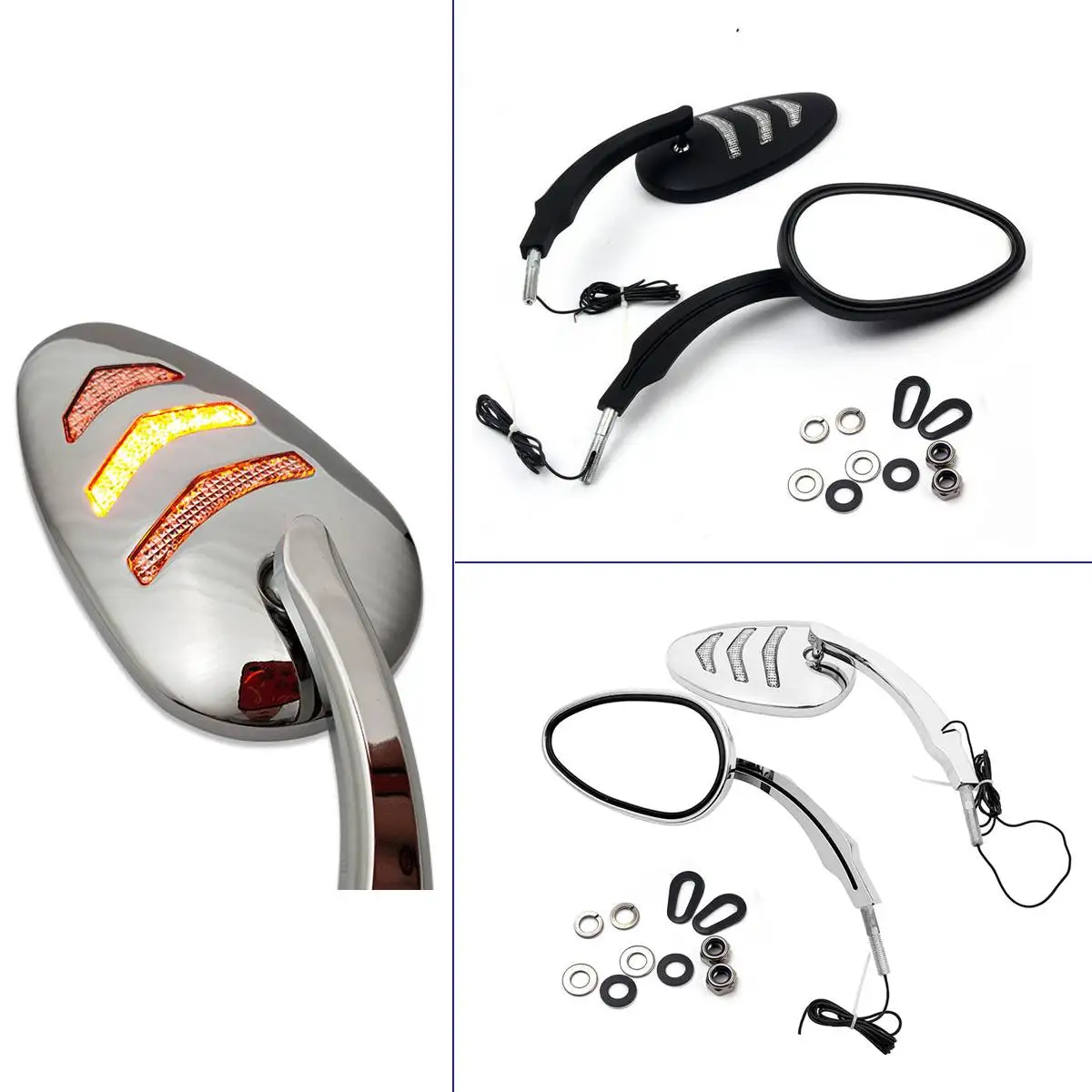  2pcs Motorcycle Rearview Side Mirror with Led Turn Signal Light Universal Metal Rear view Mirrors B - 4000156062820
