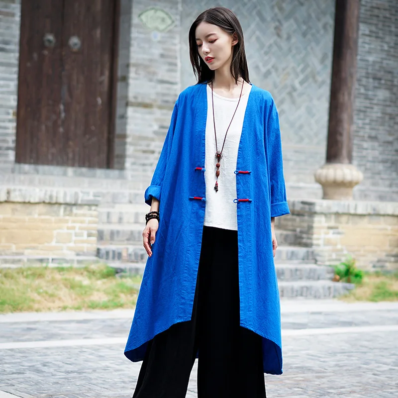 

LZJN Spring Cotton Linen Long Trench Coat Chinese Long Windbreaker Women Open Front Cardigan Outerwear Cortavientos Coupe Vent