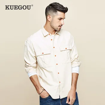 

KUEGOU 2020 Spring 100% Cotton Pocket Shirt Men Dress Button Casual Slim Fit Long Sleeve For Male New Fashion Brand Clothes 6862
