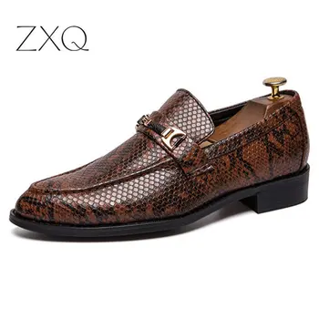 

Business Dress Men Shoes Snakeskin Print Slip On British Men's Red Hair Stylist Leather Shoes Male Wedding Shoes