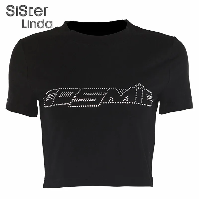 Sisterlinda, хлопок, с буквенным принтом, сексуальный короткий топ, женская футболка, короткий рукав, майка,, осенняя мода, Harajuku, базовые футболки, Muje - Цвет: Черный