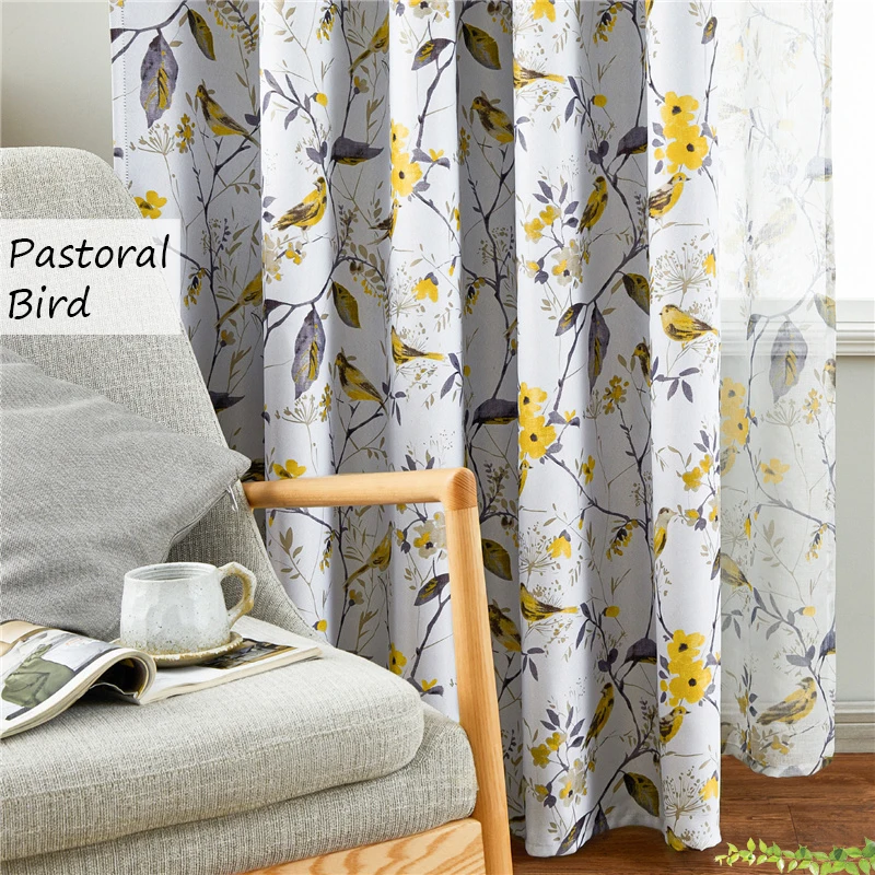 Flower Birds Blackout Curtains in the Living Room Kitchen Tulle Curtain Fabric Tape with Hooks Grommet Rings Top Custom Size | Дом и сад