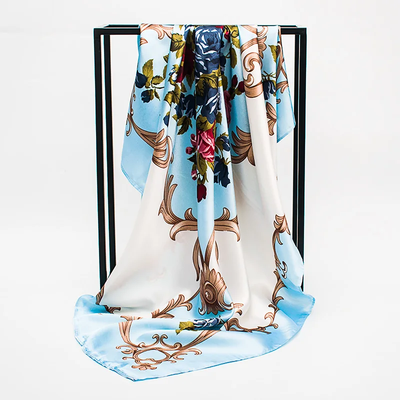 Модный Шелковый шарф 90x90 см, женские Сатиновые хиджабы с принтом на цепочке, шарфы для хиджаба, роскошные брендовые платки, цветные пляжные платки, квадратные шарфы - Цвет: 28