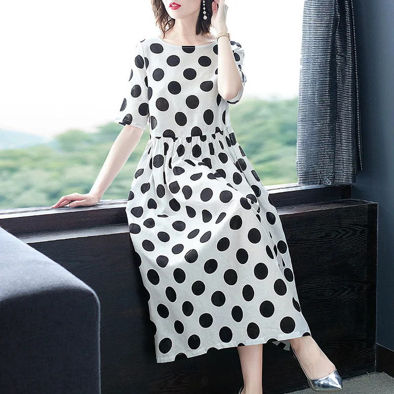 

Ozhouzhan Black Polkadot Dress 2019 New Style WOMEN'S Dress Crew Neck Loose-Fit Explicit Thin Long Cotton Linen Skirt