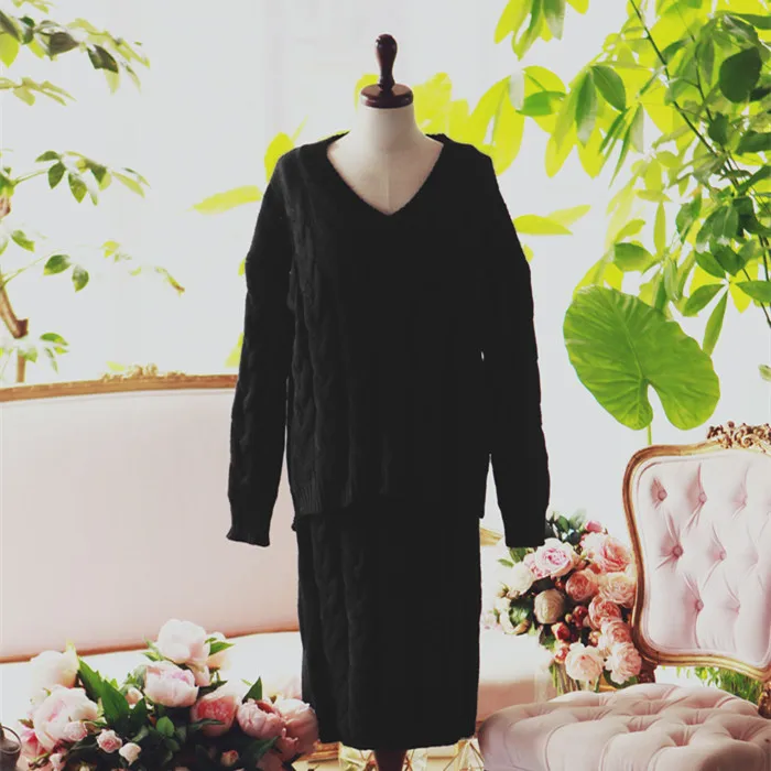 Вязаный свитер, костюмы, женская одежда, комплект из 2 предметов, вязаное платье, юбка и топ размера плюс, большой комплект, осенне-зимняя черная одежда