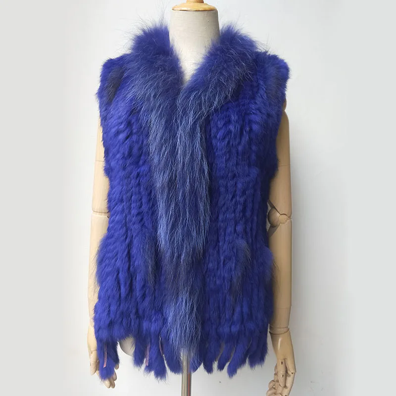 Natural Real Rabbit Fur Knitted Vest With Tassel Genuine Fur Warm Sleeveless Women Fur Gilet With Real Raccoon Fur Trimming
