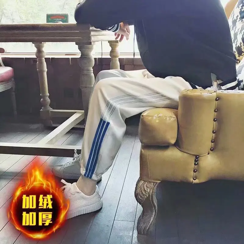 

Autumn And Winter New Style Athletic Pants Men's plus Velvet xi ha ku Trend Casual Pants Stripes Loose-Fit Teenager Beam Leg Har