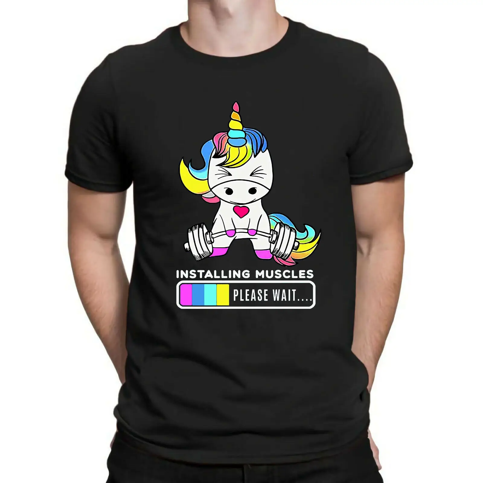 

Installing Muscles Please Wait T Shirt Funny Gym Unicorn Tee Men's Cotton Shirts