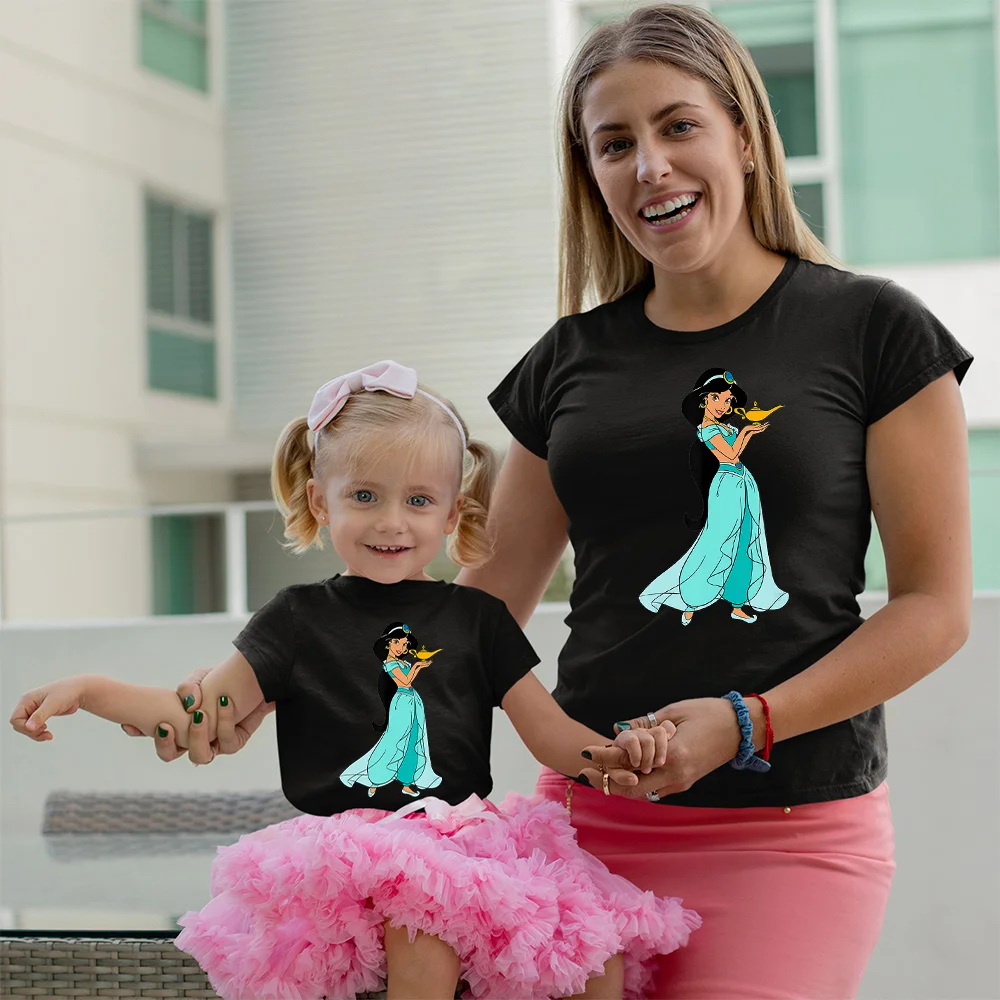 son and daughter matching outfits Woman Clothes Fashion Jasmine Princess Gold Pattern Tee Shirt Summer Soft Black Top Cute Girl Short Sleeve Mom Daughter T-shirt family easter outfits
