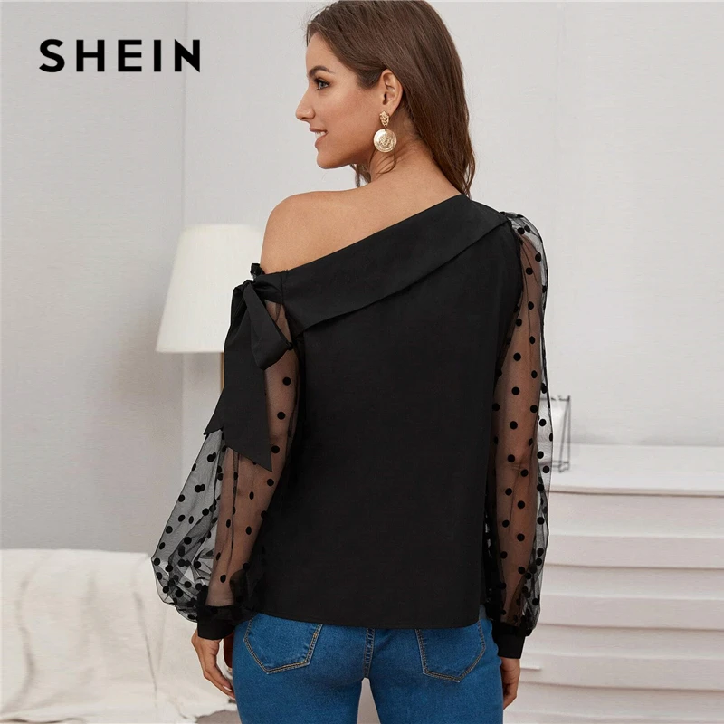 Beste SHEIN Knoop Asymmetrische Fold Hals Dot Lantaarn Mesh Mouw Blouse Vrouwen Lente Zomer Sheer Glamorous Party Blouses