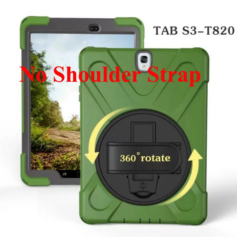Чехол для Samsung Galaxy Tab S3 9,7 SM-T820 T820 T825 T829, детский безопасный сверхмощный вращающийся ремешок/подставка+ плечевой ремень - Цвет: army green ST