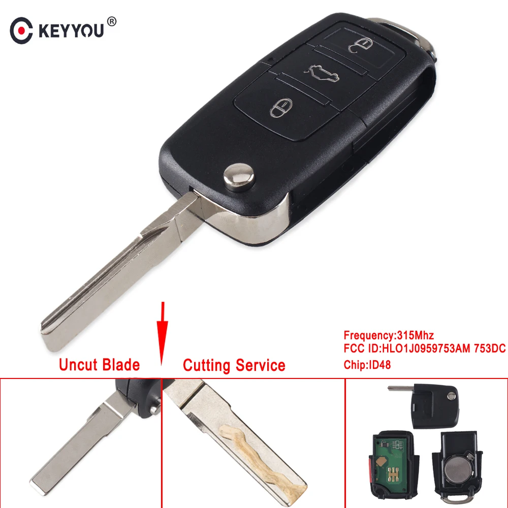 Складной флип чехол KEYYOU с 2 кнопками для Vw VOLKSWAGEN Jetta Passat Fob ID48 чип 315 МГц HLO1J0959753AM