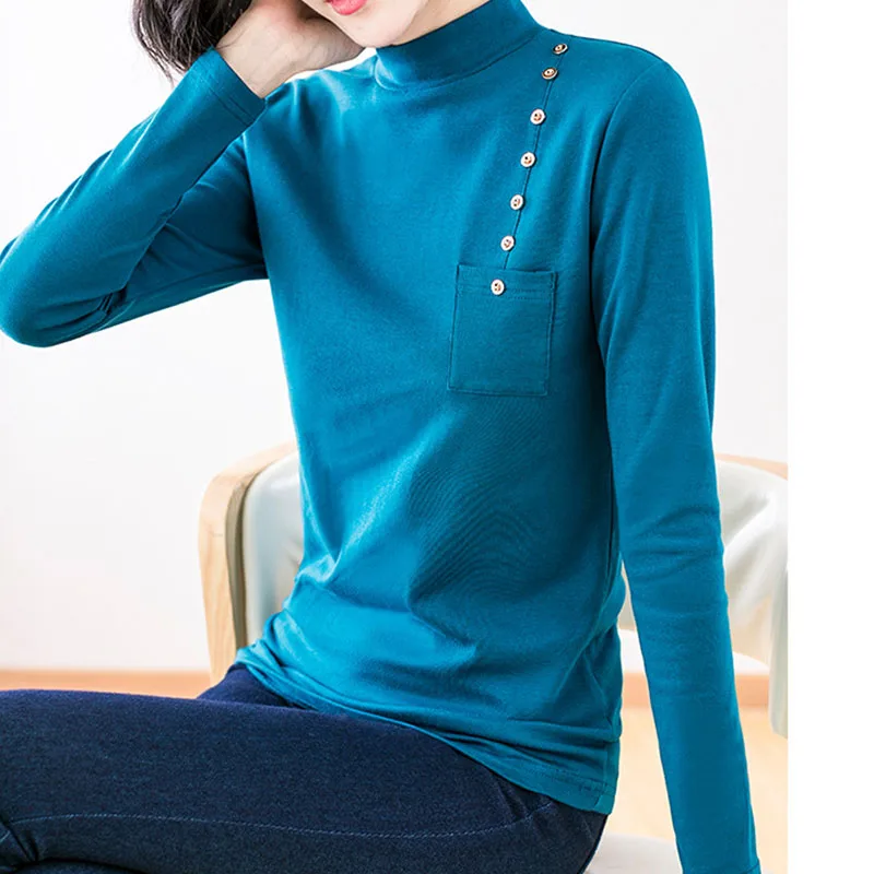

New 2019 winter All-match slim Women T-Shirt Crew Neck with pockets t shirt Women casual Cotton Bottom Plus Size Tees blue 4XL