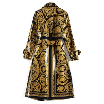 

Newest 2020 Han Zi Qian Autumn Runway Fashion Long coat Women Long sleeve vintage pattern print belt Bright leather trench coat