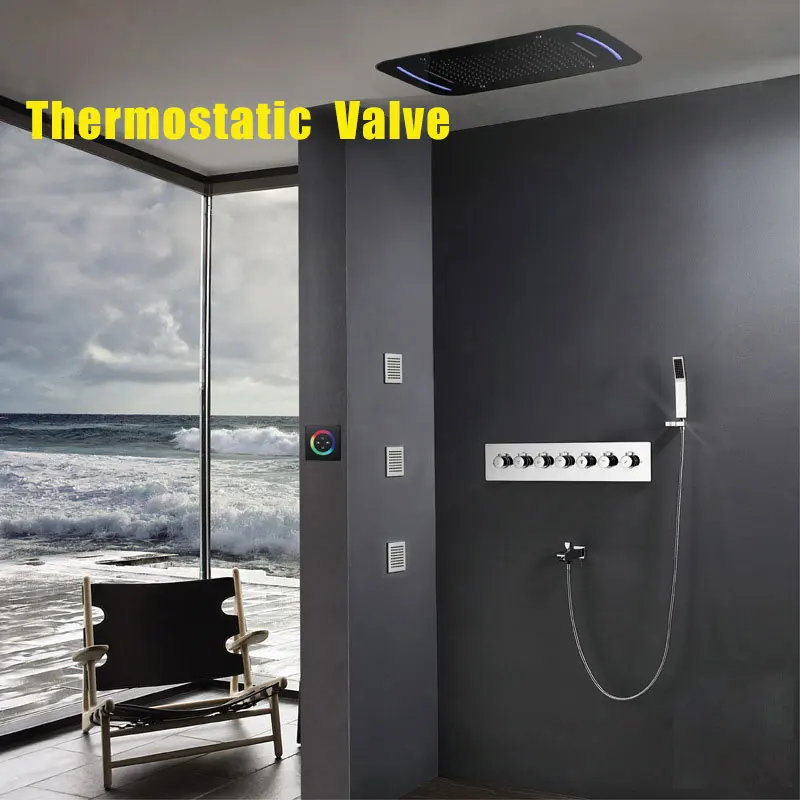 Термостатический смесительный клапан с сенсорным экраном Светодиодный светильник Rianfall душевая головка водопад ванная душевая кабина 71X43 см туманный душ - Цвет: Thermostatic