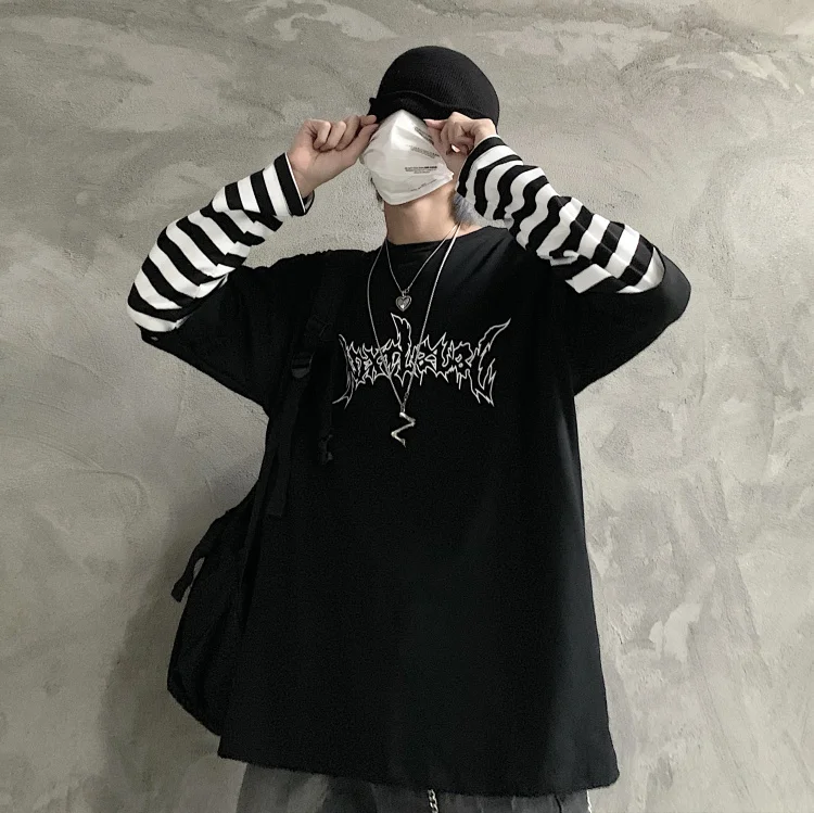 Woherb Harajuku Лоскутная полосатая футболка Женская Мужская Унисекс поддельная 2 шт. футболка с буквенным принтом Футболки с длинным рукавом Уличная одежда