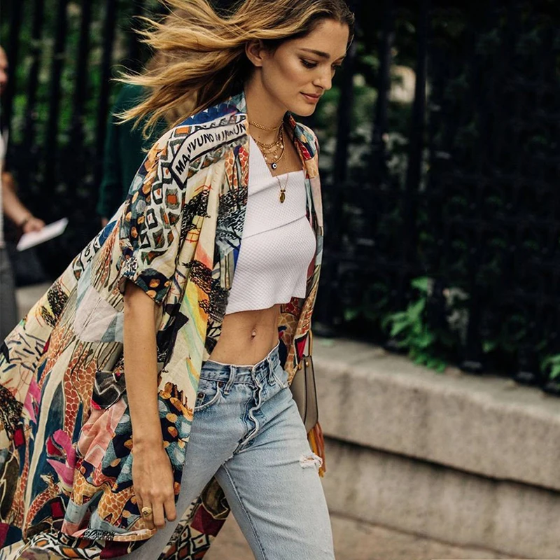 

Beach Cardigan Women's Tops Gown 2019 Kimono Cotton Holiday Beach Long Cardigan Fashion Elegant Multicolor Print Bohemian Shirt