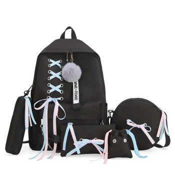 

5pcs/set School Bag for Teenage Solid Backpack Schoolbag Women Student Bag Lace Bow Bundle Backpack Drop shipping