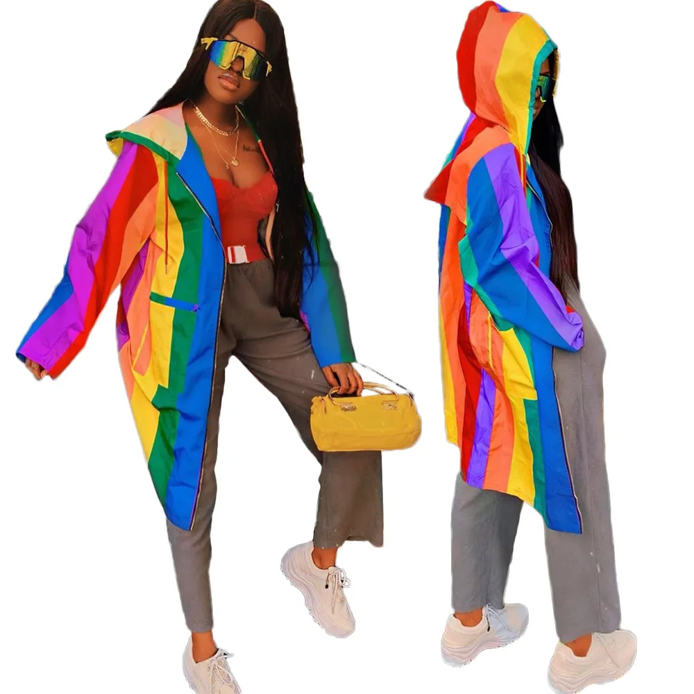 

New Arrived Fashion Rainbow Stripes Women Hooded Long Coats Autumn Long Sleeves Zipper Streetwear Club Girls Jackets Outwear