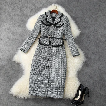 

HIGH STREET 2020 Fall Winter Designer Women's Plaid Fringed Houndstooth Tweed Coat