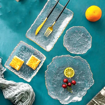 

Golden Edge Glass Plate Transparent Dessert Salad Dish Jewelry Earring Decorative Tray Cake Food Dinner Bowl Kitchen Tableware