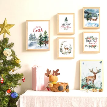 

Christmas Family Decoration Poster Wall Art Canvas Painting Winter Pine Tree Elk Watercolor Snow Scene for Living Room Bedroom