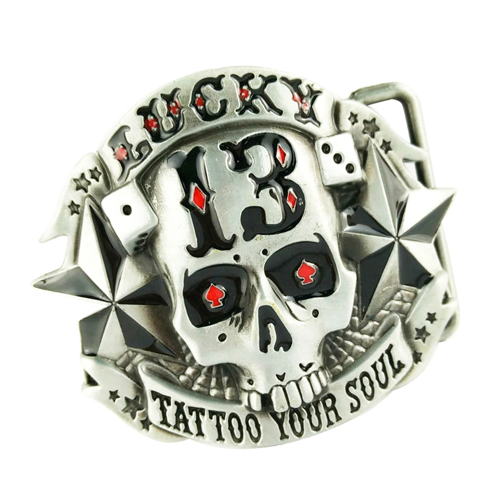 Antique Silver Skull Belt Buckle 13 Stars Tattoo Your Soul Lucky G&uuml;rtelschnalle