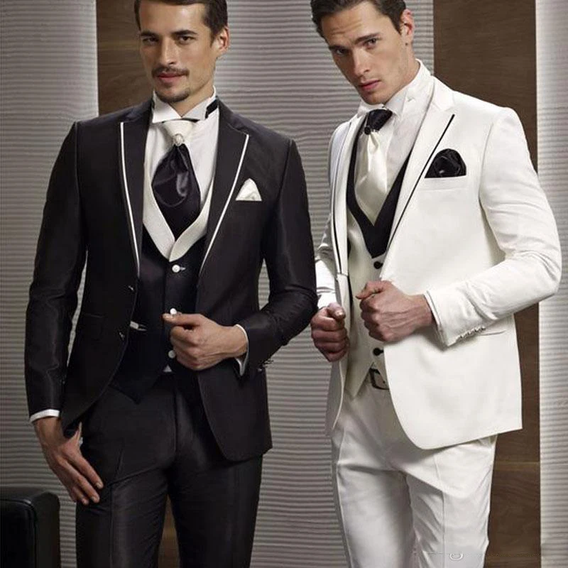Latest White Suits for Wedding Tuxedos Groom Wear Black Peaked Lapel Groomsmen Outfit Man Blazers 3 Pieces Costume Homme