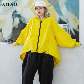 

XITAO Pleated Drawstring Jacket Fashion New Women 2020 Spring Plus Size Lantern Sleeve Elegant Goddess Fan Coat Top XJ4442
