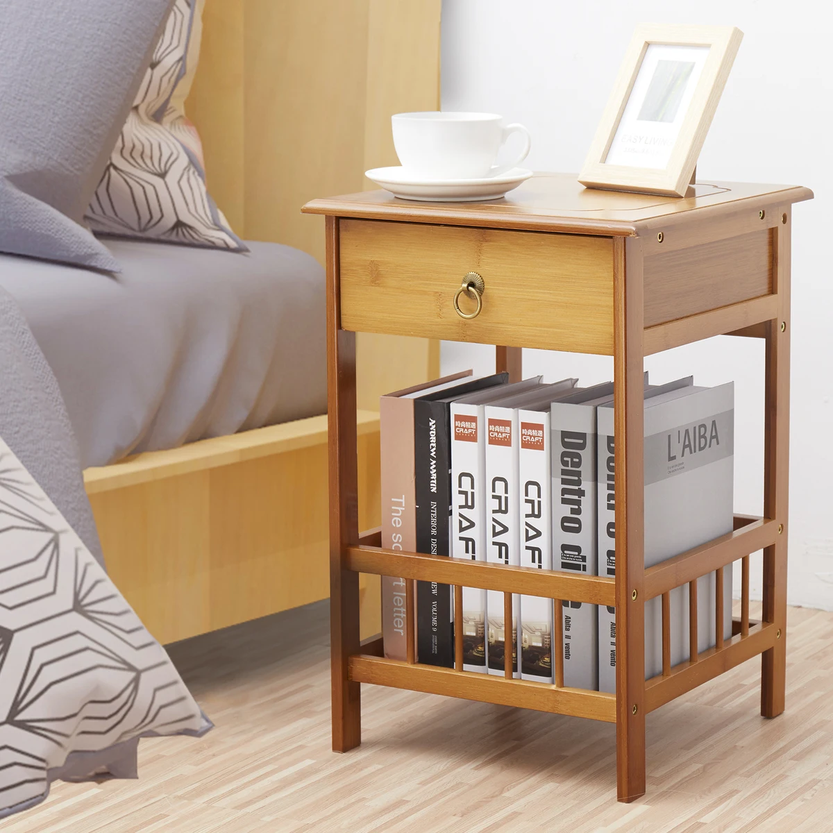 Bamboo Bedside Table with Drawer Bedroom Nightstand Plant Storage Shelving Unit — view 6