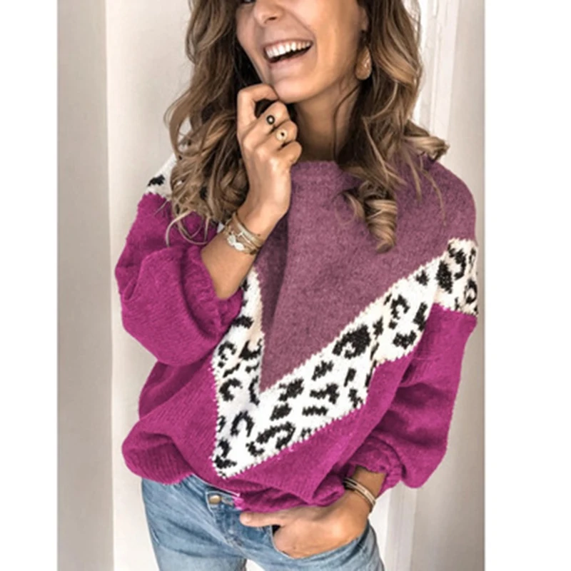 Женский свитер с длинным рукавом, леопардовая расцветка, пэчворк, осень и зима, повседневные пуловеры с круглым воротником размера плюс, C2026 - Цвет: Фиолетовый