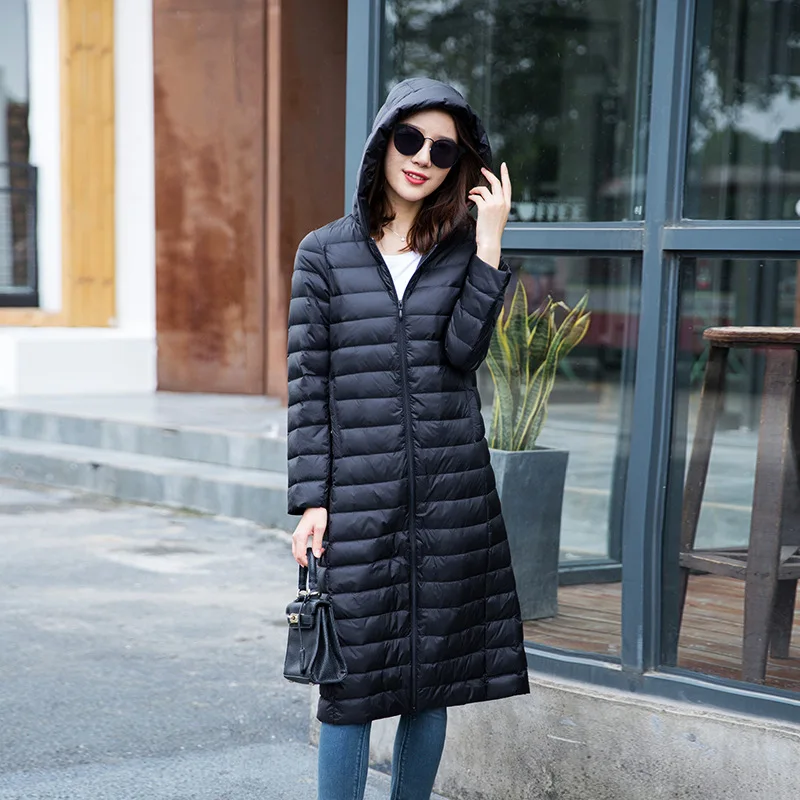  2020 Winter Women's Over-the-Knee Lightweight Hooded Down Jacket Fashion casual white duck down coa