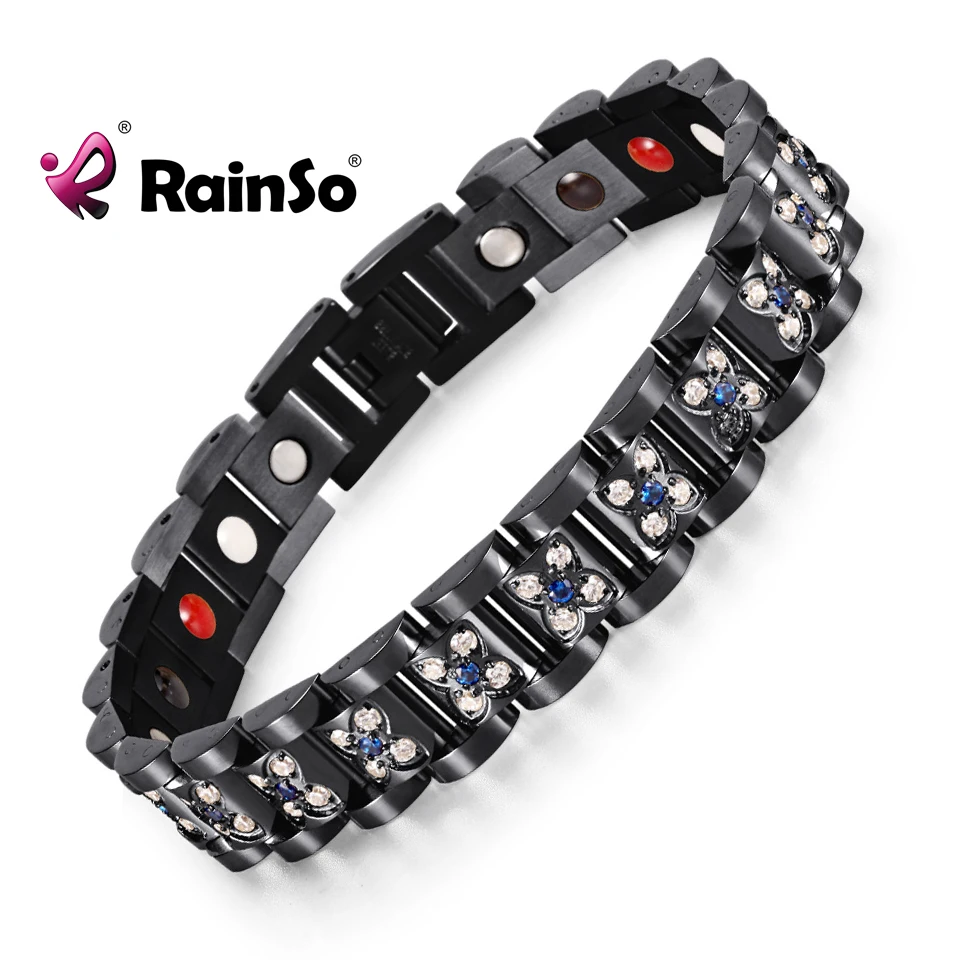 RainSo, модный стиль, цепочка, черная, нержавеющая сталь, магнитная, 4 в 1, браслет для здоровья, для женщин, исцеление, дружба, ювелирное изделие