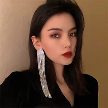 

FYUAN Long Tassel Full Rhinestone Drop Earrings for Women Ovsize Crystal Dangle Earrings Fashion Jewelry Accessories