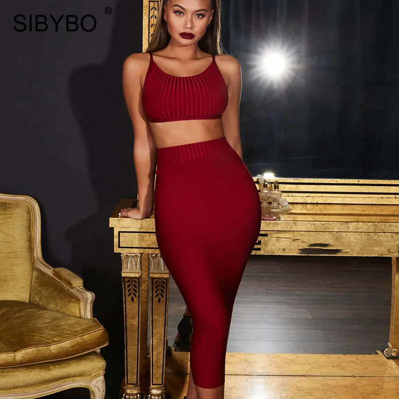 Sibybo Backless Ribbed Sexy Two Piece Set Dress Women Sleeveless Bandage Summer Bodycon Dress High Waist Beach Club Party Dress