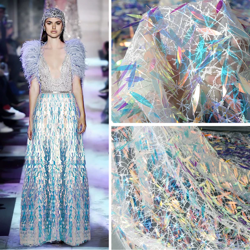 Градиент волшебного цвета модная ткань маленькая рыбья чешуя блестки лазерная ткань Кружева Свадьба сетка Марля платье ткань RS2503