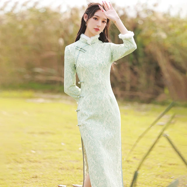 Autumn/winter green velvet lace cheongsam Dark-green L