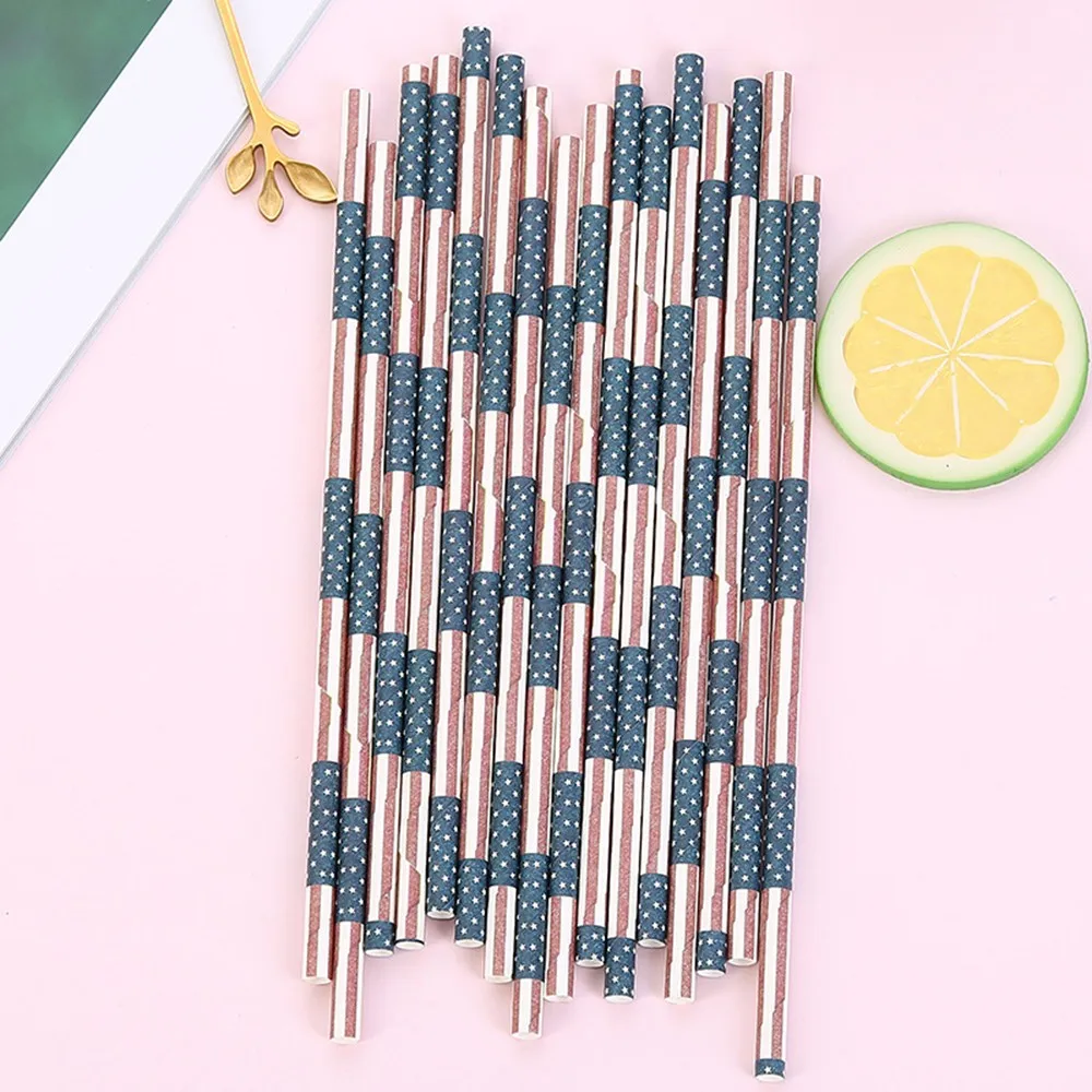Party Paper Straw 25pcs American Flag Pattern Paper Drinking Straws Fun Creative Drinking Straws for Christmas Birthday Party