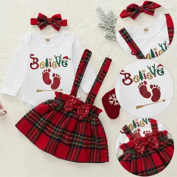 

Toddler Baby Girl Christmas Cartoon Clothes Set Cute Tops Bodysuit Strap Dress + Headband Xmas 3PCS Clothes