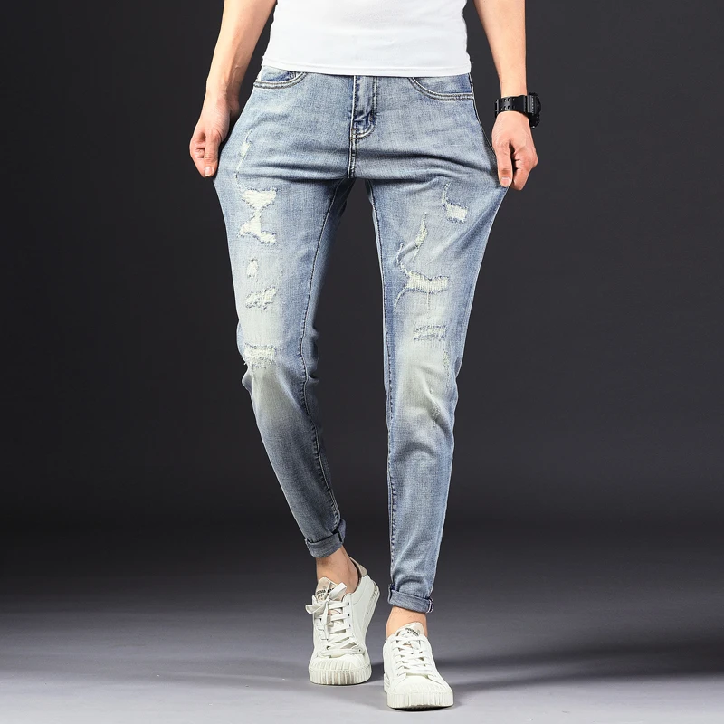 Promotion Male Casual Zippers Small Feet jean  men's holes jeans  men's pants slim trousers students Korean fashion pants ripped blue jean