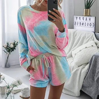 

Tie Dye Colorful Print 2 Piece Set Summer Gradient Colored Long SleeveTop Wide Leg Shorts Pants Set Women Tracksuit Streetwear