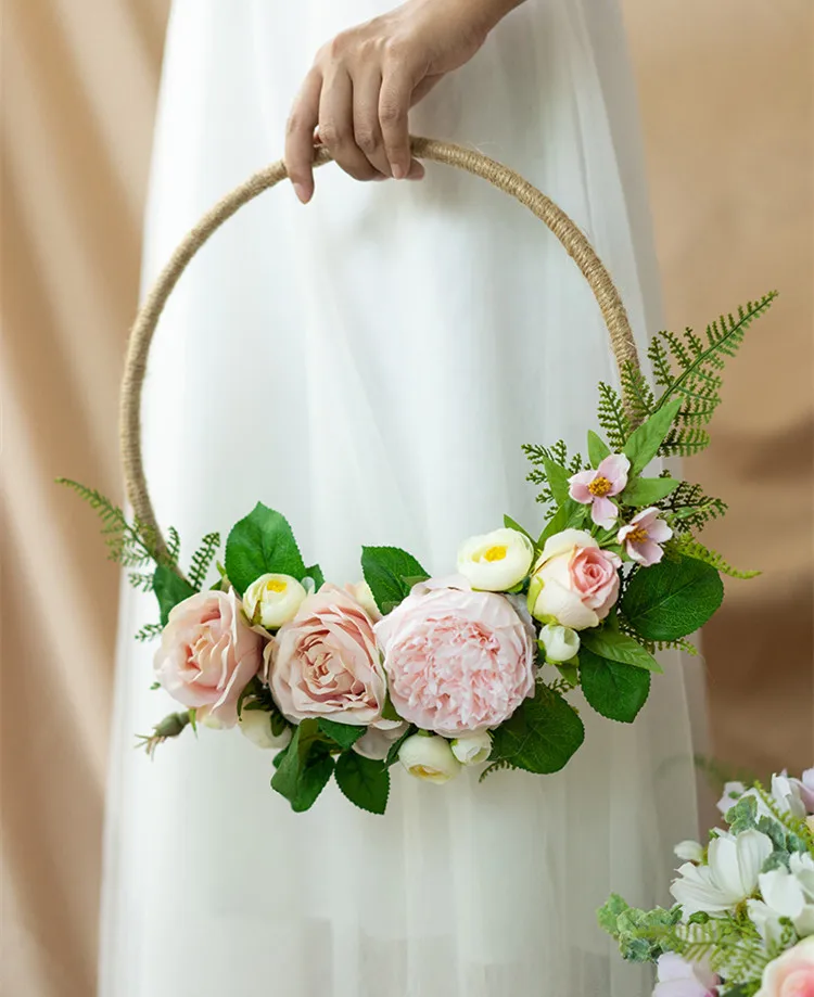 Light Pink JaneVini Искусственные Красные Свадебные цветы круглый цветок Венок корзина гирлянда Шелковая Роза невесты свадебные букеты молоток аксессуары - Цвет: Light Pink