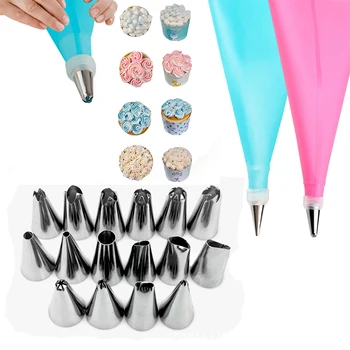 

16PCS/Set Silicone Pastry Bag Tips Kitchen DIY Icing Piping Cream Reusable Pastry Bags +14 Nozzle Set Cake Decorating Tools