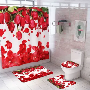 

4 pcs Rose petal Printed Shower Curtains Toilet Mat Set bath mat Set Non-slip Toilet Polyester Covering Mat Set Bathroom rug Hot