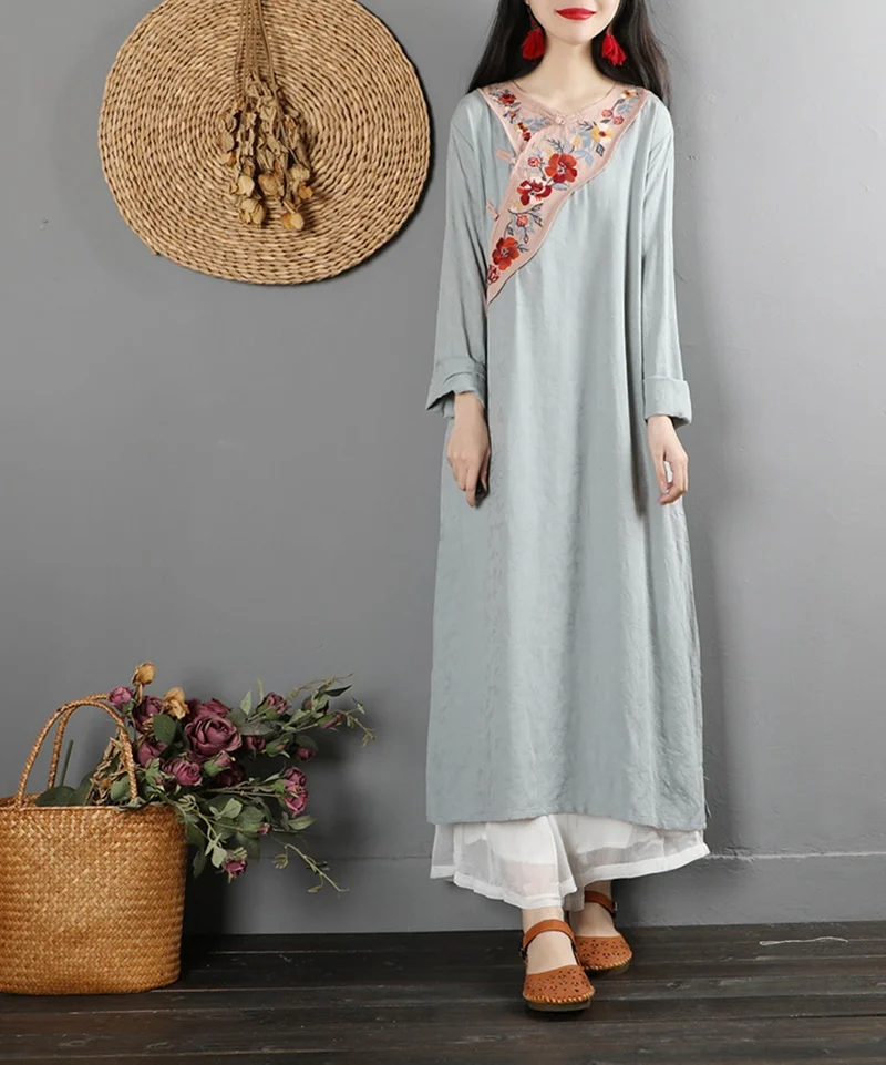 Retro Dress Stand Collar Long Sleeve Loose Casual Robe Vintage Femme Chinese Style Cheongsam Cotton Linen Women Dresses TA2092