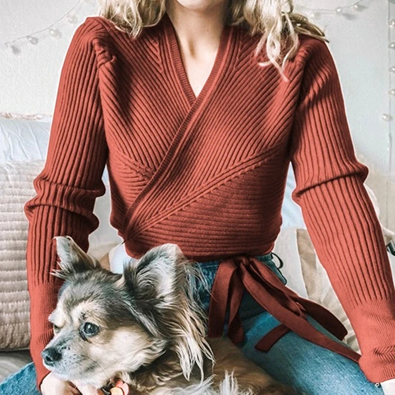 Autumn Winter Knitted Sweater Women V-neck Slim Pullovers Sweater Ladies Wrap Sweaters Female Casual Sweater Jumper Autumn Winter Knitted Sweater Women V-neck Slim Pullovers Sweater Ladies Wrap Sweaters Female Casual Sweater Jumper