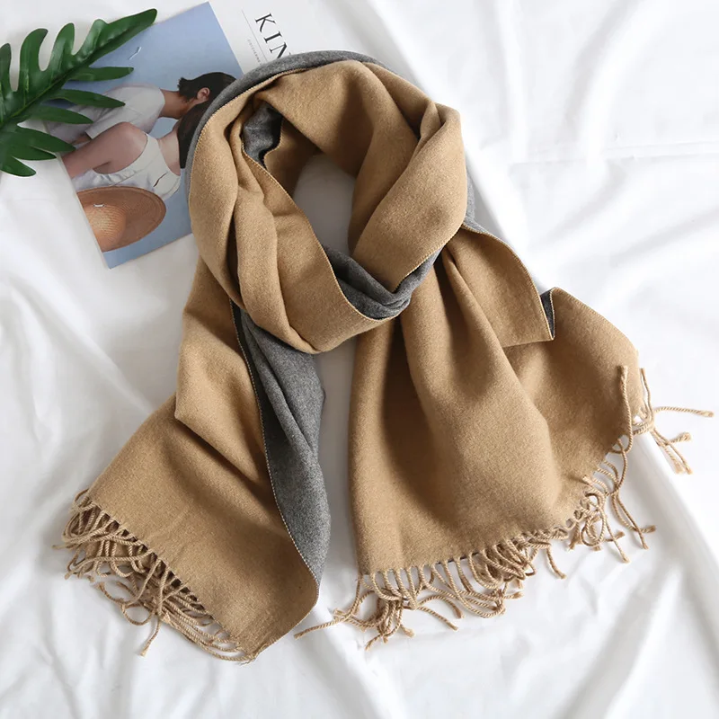 Корейский стиль осень зима утолщение два цвета имитация кашемировый шарф кисточкой теплый шарф двойного назначения дикий женский платок - Цвет: 14