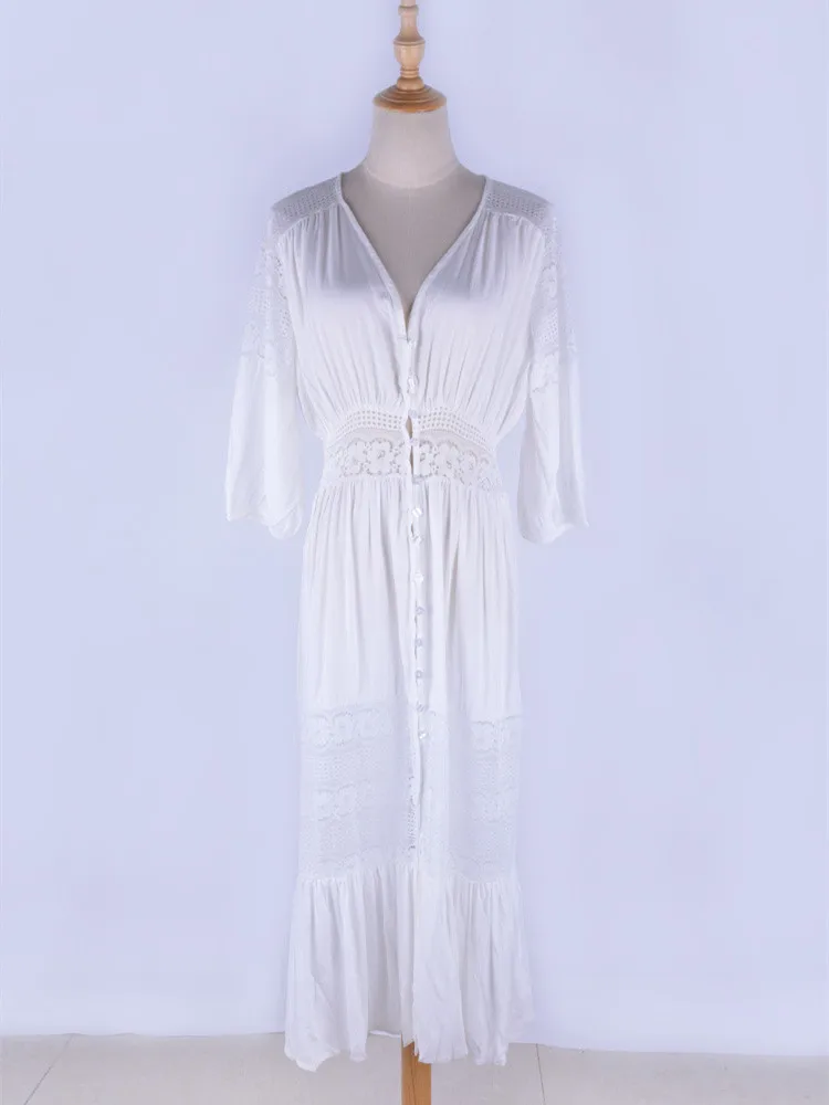 Sexy Bikini Cover-Up Long White Lace Buttons Cardigan Tunic Casual Summer Beach Dress Elegant Women BeachWear Swim Suit Cover Up
