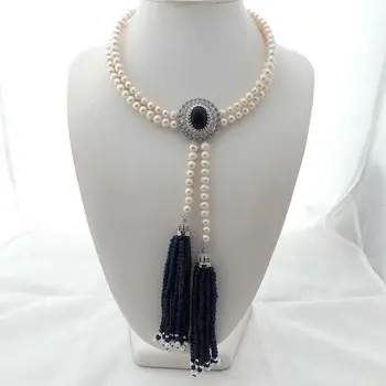 

2 Strands 18" White Pearl Blue Jade Necklace CZ Pendant